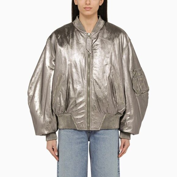 The Attico Anya Silver Leather Bomber Jacket Women - Picture 1 of 4